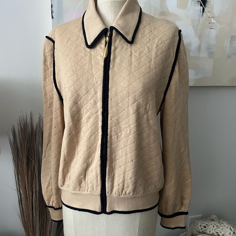 St. John long sleeve zip front wool sweater tan gold black women’s large